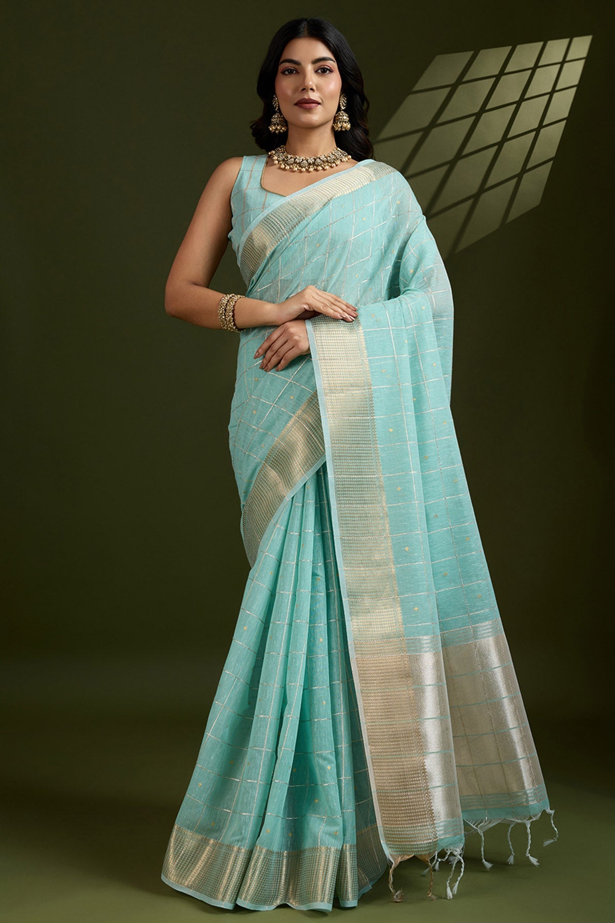 Buy Sea Green Silk Saree & Blouse for Women Online available at ScrollnShops